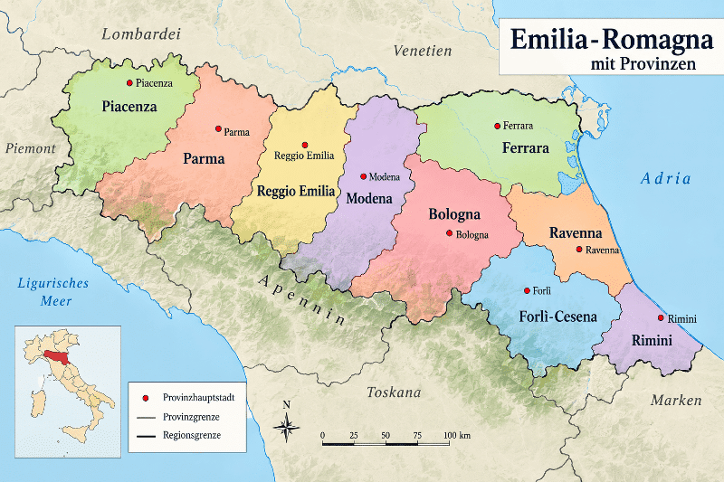 Karte der Emilia-Romagna mit ihren Provinzen und den zugehörigen Hauptstädten
