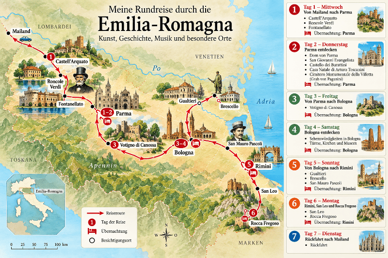 Karte meiner Rundreise mit allen Etappen durch die Emilia-Romagna
